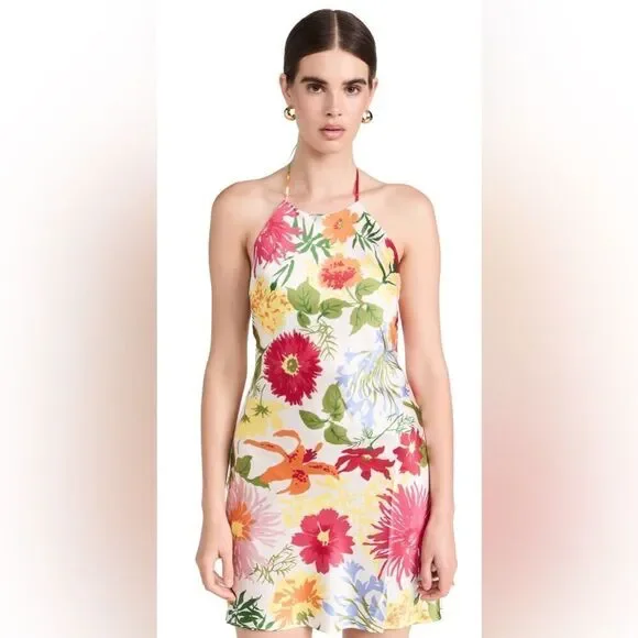 REFORMATION NWT Jennis Floral Silk Halter Mini Dress Low Back String Tie Large - Picture 8 of 10